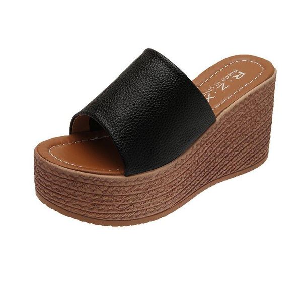 

slippers casual women's solid color simple fashion open toe thick bottom all-match trend outer wear wedge heel, Black
