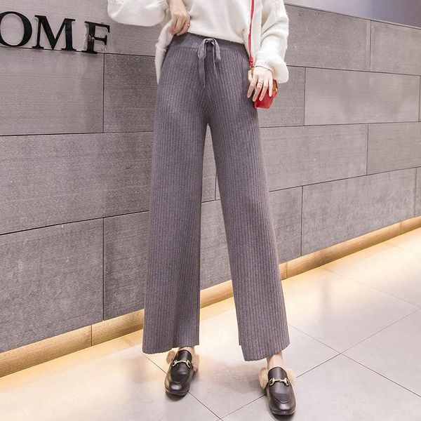 

women's pants & capris thicken knitted wide leg women high waist with elastic slim autumn winter casual loose fashion female trousers, Black;white
