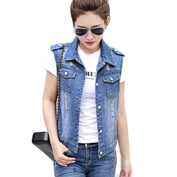

women's vests fashion women denim vest sleeveless washed jeans waistcoat spring autumn clothes slim short outerwear hole jacket 778, Black;white