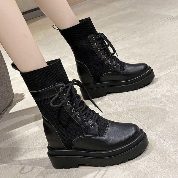 

boots women motorcycle ankle booties ladies casual shoes female fashion leisure botas mujer lace-up stretch fabric, Black