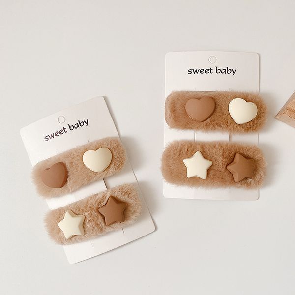 

2 pcs autumn and winter new sweet girl simple cute star love plush bb clip fashion korean children's hairpins hair accessories, Slivery;white