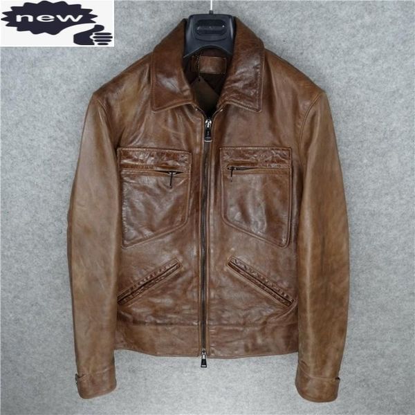 

men's leather & faux retro genuine men zip warm motorcycle jacket vintage pockets long sleeve autumn winter coat male, Black