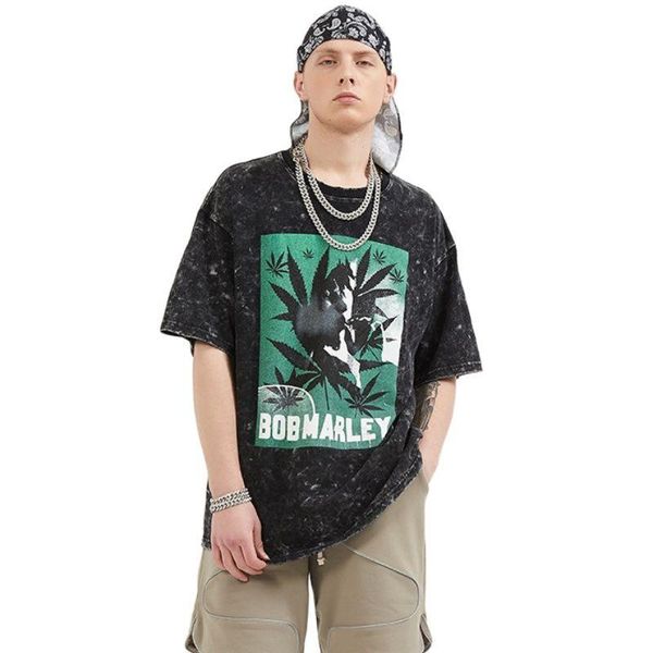 

men's t-shirts 2021 leaf print hip hop punk washed retro men t shirt oversize homme short sleeve vintage tshirts graphic tees streetwea, White;black