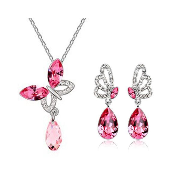 

silver plated butterfly crystal jewelry set bijouterie earrings & necklace