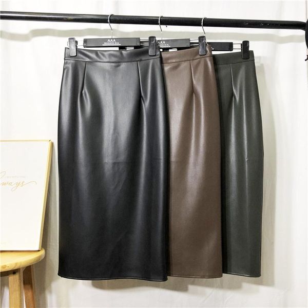 

skirts autumn winter women leather high waist pu pencil skirt slim cutting knee-length split office lady bodycon, Black