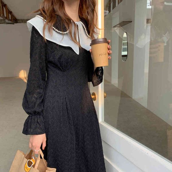 

casual dresses female retro-ruffled french breech dresses long smooth stylish sleeves complete women's fashionable clothes nljb, Black;gray
