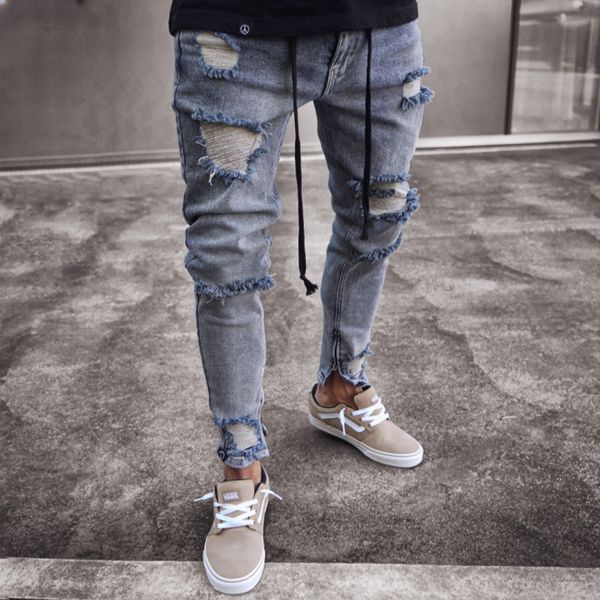 

men's jeans european american fashion streetwear skinny fit destroyed ripped broken punk pants homme hip hop men t9li, Blue