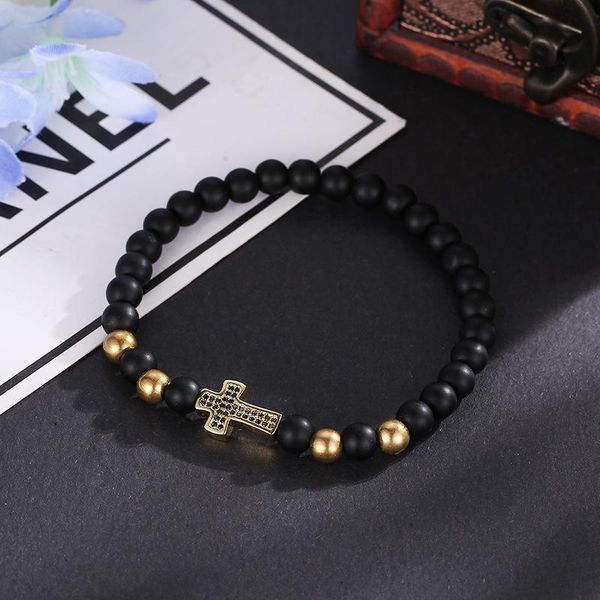 

style matte black bracelet 6mm stone beaded pave cz cross for men and women friend gift charm strand jewelry 2021 beaded, strands