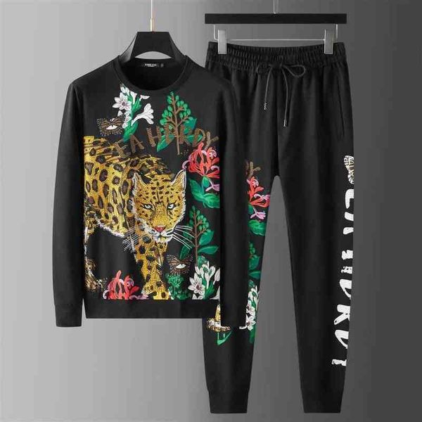 

european station fashion diamond leopard printed sweater set men's 2021 autumn new youth leisure sports two-piece set g1217, Gray