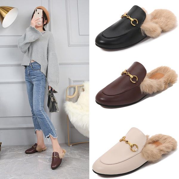 

luxury slippers winter cotton drag leather shoes, Black
