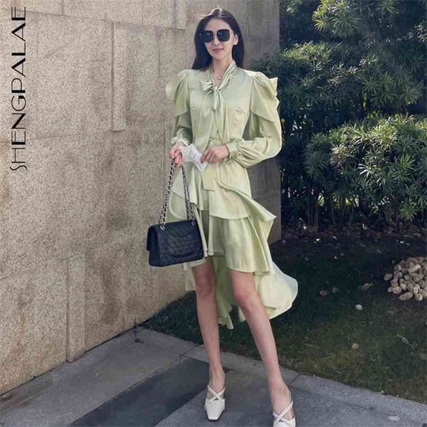 

shengpllae temperament dress women's spring bow collor slim fit long puff sleeve irregular hem knee-length dresses 210427, White