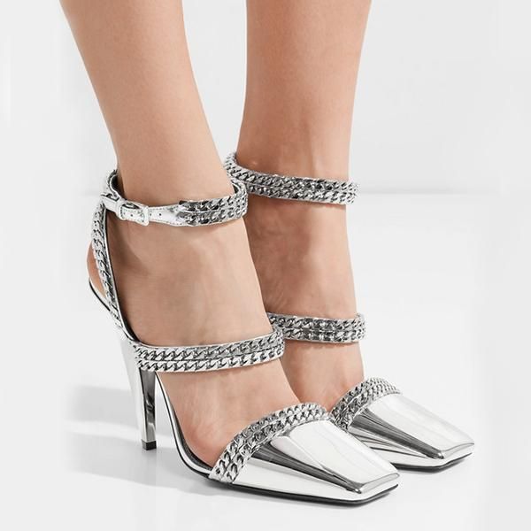 

shooegle brand fashion patent leather black silver womens shoes summer sandalias mujer square toe spike high heels chain sandals dress