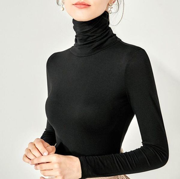 

autumn winter turtleneck womens long sleeve tees girls solid slim undershirts for female real ps, White