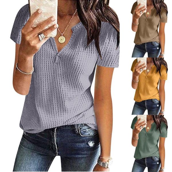 

women's blouses & shirts feitong summer knit solid color fashion short sleeve tunic v-neck loose shirt streetwear female blusas, White