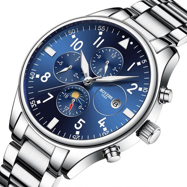 

wristwatches boyzhe genuine waterproof automatic mechanical watch men's watches large dial with calendar showing moon phase relojes hom, Slivery;brown