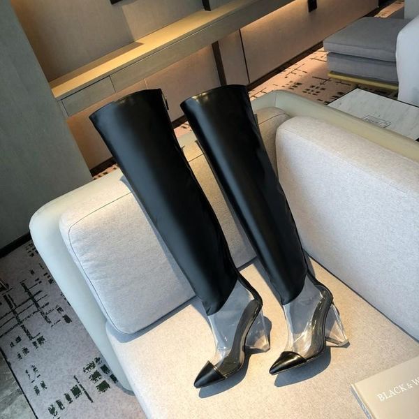 

boots us4-11 womens pointed toe over the knee thigh pvc stitching real leather spike crystal heel long shoes 3colors plus size, Black