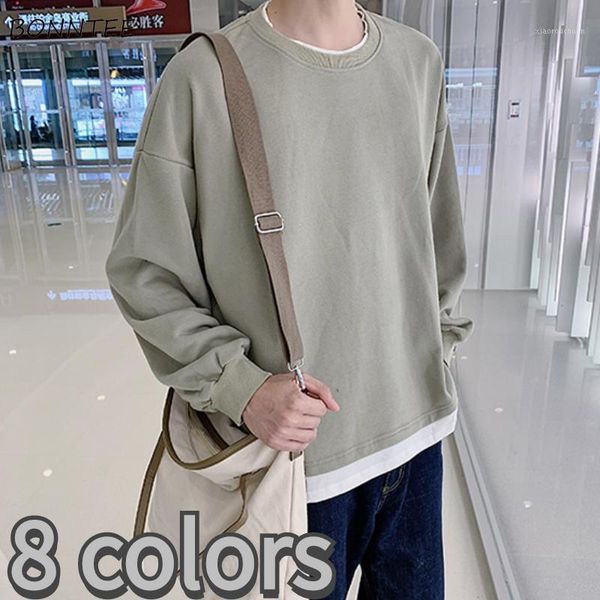 

men's hoodies & sweatshirts no hat men solid gentle o-neck couples fake two pieces korean style all-match basic loose vintage ch, Black