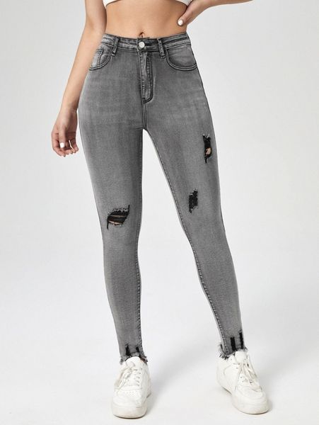 

high waist ripped raw hem skinny jeans o8e5#, Blue