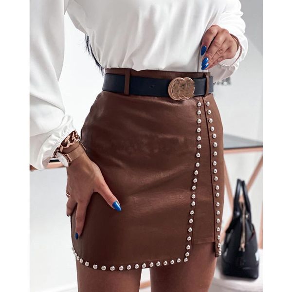 

skirts skirt women pu leather pencil bodycon clubwear party rivet design high waist mini short black white khaki