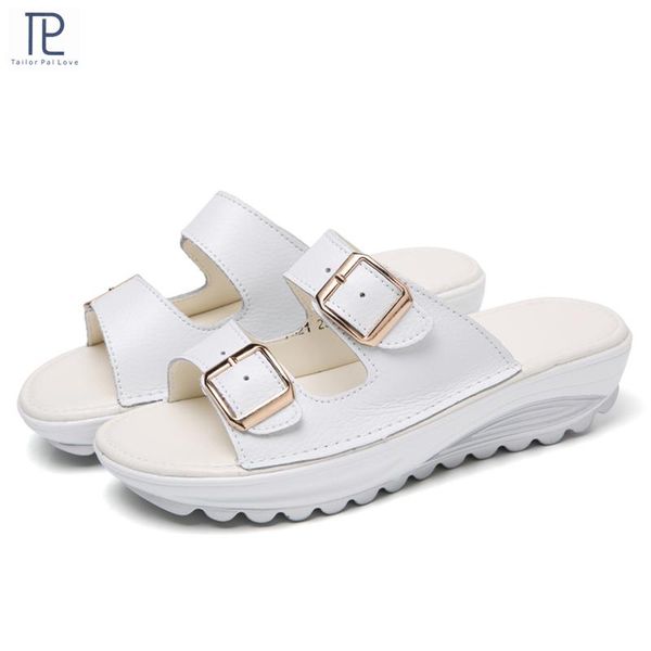 

slippers women buckle real leather slides shoes casual solid thick sole feels beach sandals outdoor flip flops for female, Black