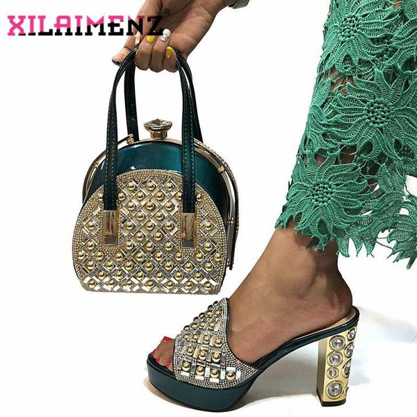 

dress shoes dark green latest autumn decorated with stone woman and bags set italian style high heels slipper for party, Black