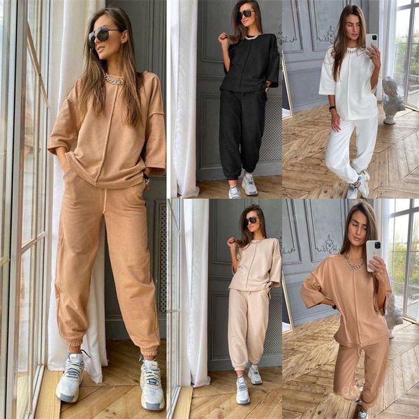

women's two piece pants solid 2 set women tracksuit autumn clothes pullover and long suits casual loose sets fashion outfits, White