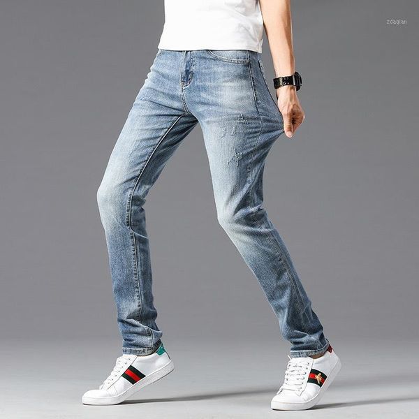 

summer high elastic slim straight fashion casual soft comfortable men's jeans, Blue
