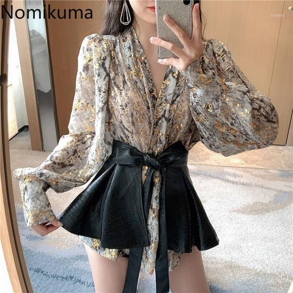 

nomikuma 2021 spring women 2pieces sets korean printed lantern sleeve chiffon shirt bow tie ruffle slim waist blouse 6f861 women's blo, White
