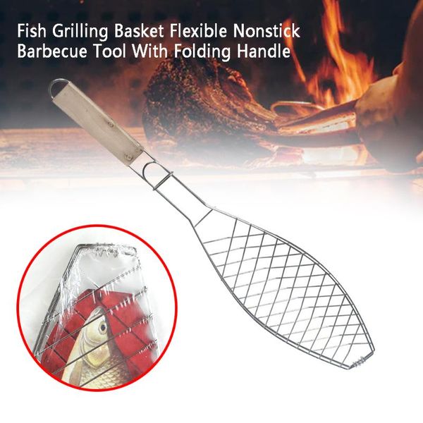 

barbecue tool accessories with folding handle fish grilling basket burger vegetable mesh chicken roasting flexible nonstick bbq tools &
