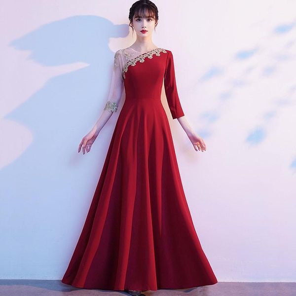 

ethnic clothing exquisite appliques floral cheongsam romantic 3/4 sleeve pleated dress gown charming beaded chorus host qipao retro maxi dre, Red
