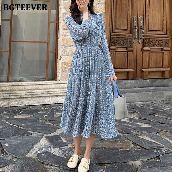 

bgteever elegant stand collar ruffles women dress long sleeve plaid female chiffon pleated dress 2021 spring vestidos femme, Black;gray