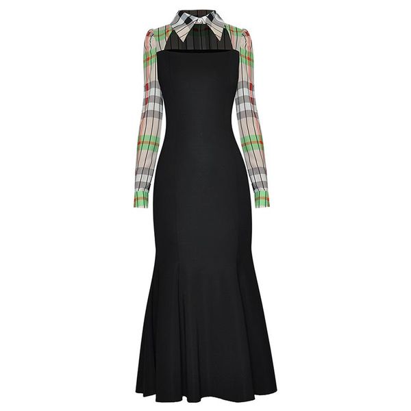 

casual dresses est nice lapel long sleeve hollow plaid mosaic temperament dress, Black;gray