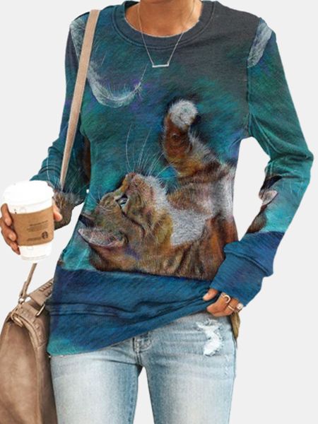 

Cartoon Animal Cat Digital Printing Long Sleeved Womens T Shirt Autumn Winter Street Hipster Loose Starry Butterfly Ladies Tops, White