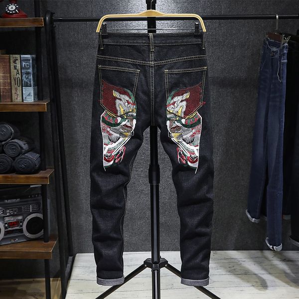 

fashion jeans style men's slim fit small leg primary color ghost embroidery black stretch pants, Blue