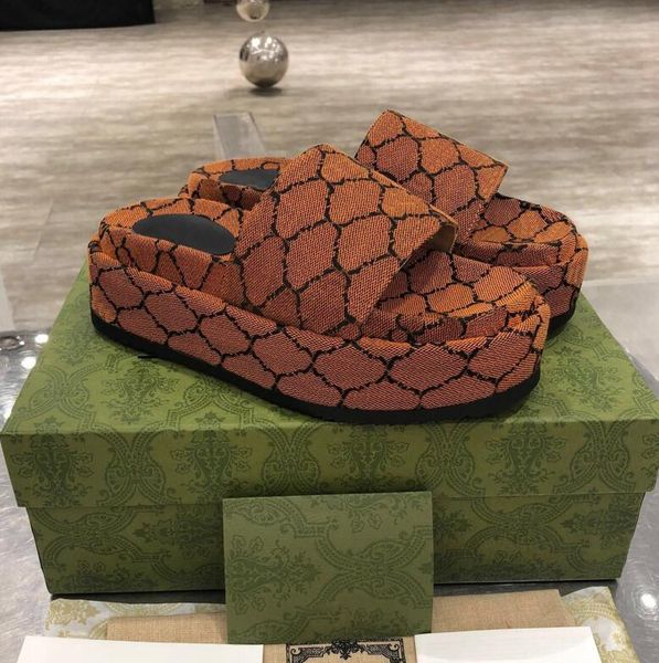 

2021 women designers slipper slide sandal floral brocade heightening thick soled bottoms fashion beach thick-soled slippers causal, Black