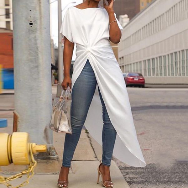 

fashion pleated knot long blouse irregular casual summer ladies solid o-neck tunic female women short sleeve shirt blusas x0521, White