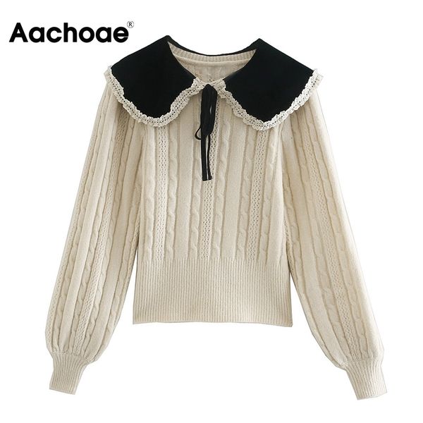 

aachoae chic women lace patchwork knitted sweater peter pan collar casual jumpers elegant bow tie long sleeve pullover 210413, White;black