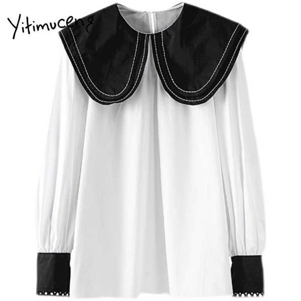 Yitimuceng Witte Blouse Vrouwen Vintage Rits Shirts Peter Pan Kraag Lange Mouw Rechte Lente Zomer Mode Tops 210601