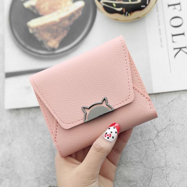 

women wallets 3 folding cats money bags for girls simple cute short coins purse change cards holder female clutch, Red;black