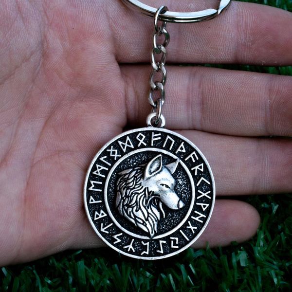

keychains men's key ring viking norse runes keychain wolf head, Silver
