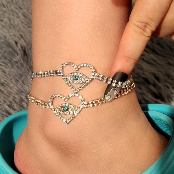 

anklets fashion boho blue evil eye crystal for women gold silver color heart shape tennis chain anklet bracelet iced out jewelry, Red;blue
