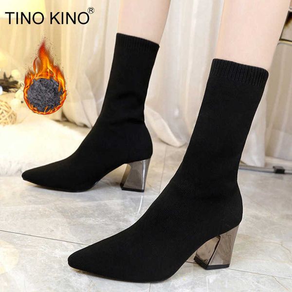 Novos Botas de Anote Autumn Winted Toe Stretch Knitting Sock Boots Plus Size High Saltos Femininos Slip On Lady Shoes Hot Fashion Shoe Y0914