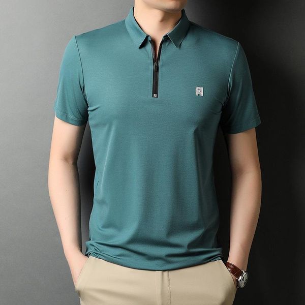 

men's polos lightweight zipper viscose fiber shirt men 2021 summer short sleeve korean style fashion solid color slim fit top, White;black
