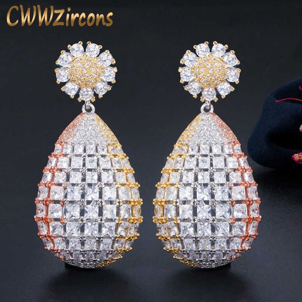

3 tone dubai gold large long flower drop luxury earrings for bride wedding party costume jewelry cz672 210714, Silver