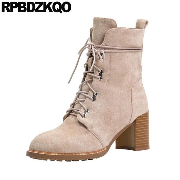 

boots sheepskin suede block genuine leather high heel women ankle 2021 round toe chunky lace up elegant quality autumn shoes, Black