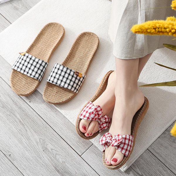

summer linen women slippers casual slides beach shoes ladies indoor home plaid bowknot flip flops, Black