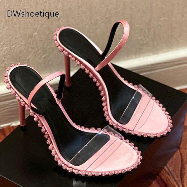

dress shoes summer pink crystal chain women sandals thin heel casual clear upper, Black