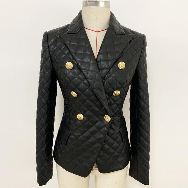 

women's jackets star 2021 fashion coat double row button lion slim seam lingge leather suit jacket, Black;brown