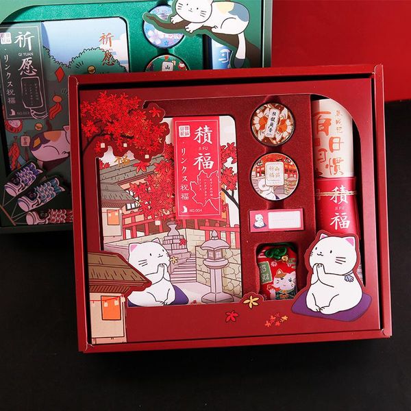 

japanese lynx blessing stationery gift box handbook notebook sticker sticky note amulet journal set notepads, Purple;pink
