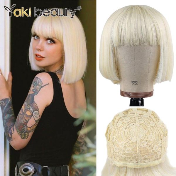 

synthetic wigs short straight bobo wig with bangs blonde color bang for women heat resistant by yaki beauty, Black